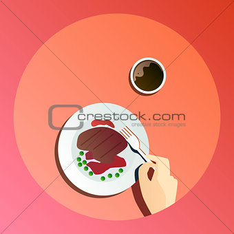 Vector flat illustration catering party with people hands and a plate with dishes from the menu, top view
