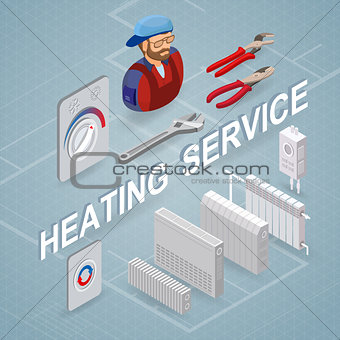 Heating service. Isometric concept. Worker, equipment.