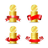 Set of Stacked of coins with red ribbon