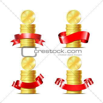 Set of Stacked of coins with red ribbon