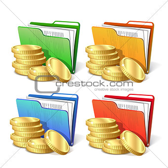 Stack of gold coins next to folder with documents
