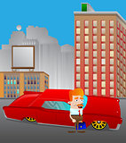 Businessman standing in front of a red car.