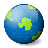 Earth globe with green world map and blue seas and oceans focused on Antarctica and South Pole. With thin white meridians and parallels. 3D glossy sphere vector illustration