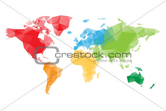 Low poly map of World divided into six continents by color. Polygonal vector design with dropped shadow
