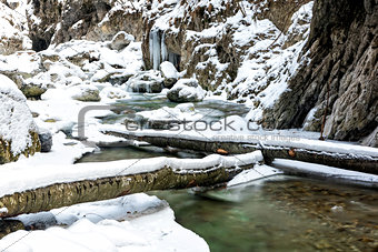 Emerald frozen river with fallen trees and snow