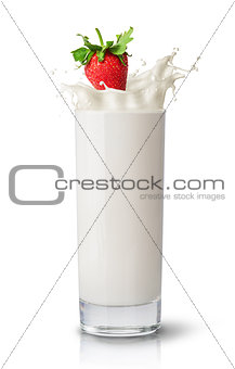 Strawberry falling into milk