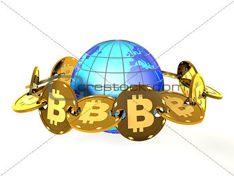 Bitcoins and the globe as a blockchain concept (3d illustration)
