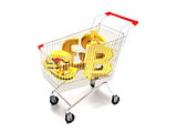 Shopping cart and gold currency signs (3d illustration).