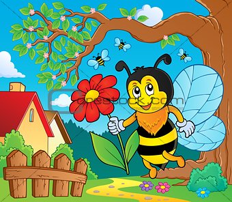 Happy bee holding flower theme 2