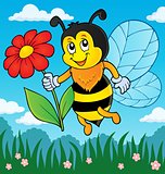 Happy bee holding flower theme 3