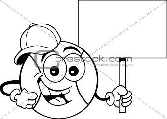 Cartoon Baseball Wearing a Baseball Cap and Holding a Sign