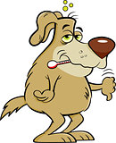 Cartoon sick dog with a thermometer in his mouth.
