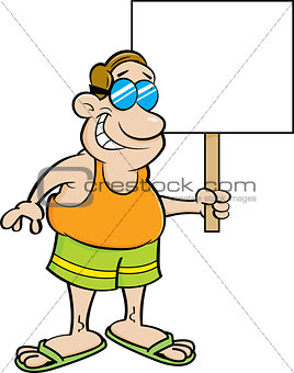 Cartoon Man Wearing a Swimsuit and Holding a Sign.
