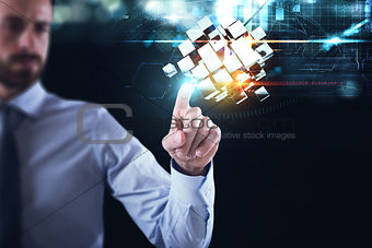 Innovation in the digital world. Businessman pointing at abstract cubes shines. 3D Rendering