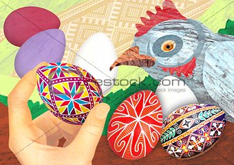 Easter design. Illustration with chicken and Easter eggs