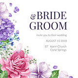 Wedding Invitation card with flowers in watercolor style on white background. Template for greeting card.