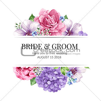 Wedding Invitation card design with flowers in watercolor style on white background.