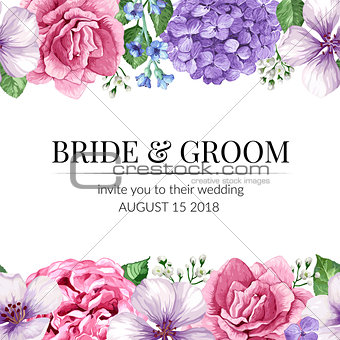 Wedding Invitation card with seamless flower border in watercolor style on white background. Template for greeting card.