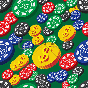 Poker Chips and Coins Seamless Pattern