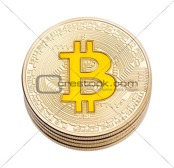 Golden cruptocurrency yellow bitcoin on white background.
