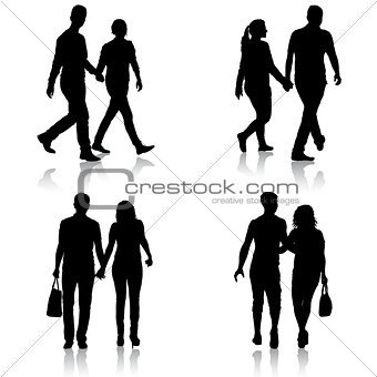 Set Silhouette man and woman walking hand in hand