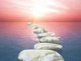 3D stepping stones in ocean against sunset sky