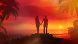 Romantic Couple Watching The Red Sunset In The Ocean