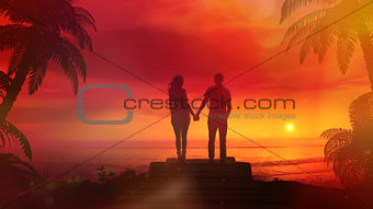 Romantic Couple Watching The Red Sunset In The Ocean
