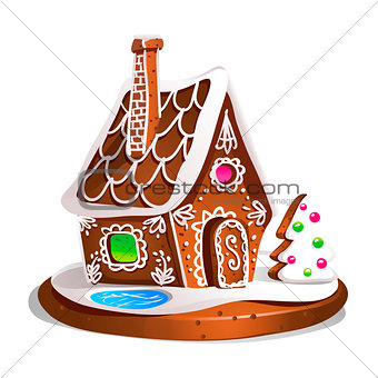 Gingerbread house decorated candy icing and sugar. Christmas cookies, traditional winter holiday xmas homemade baked sweet food vector illustration