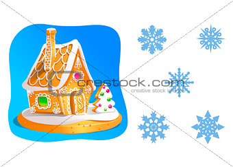 Gingerbread house decorated candy icing and a set of snowflakes isolated on white. Vector illustration
