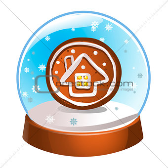 Snow globe with a winter house inside isolated on white background. Christmas magic ball. Snowglobe vector illustration. Winter in glass ball, crystal dome icon.