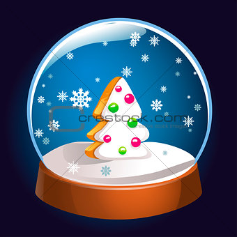 Snow globe with Christmas fir tree inside isolated on dark background. Christmas magic ball. Snowglobe vector illustration. Winter in glass ball, crystal dome icon.