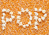 Raw golden sweet corn seeds with word POP