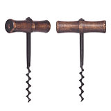 Old vintage wooden wine corkscrew isolated 