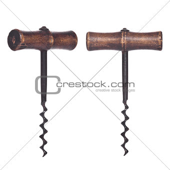Old vintage wooden wine corkscrew isolated 