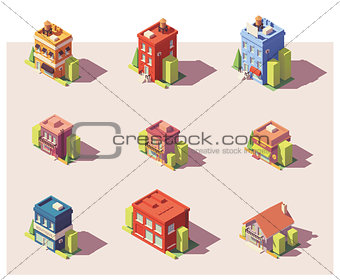 Vector low poly isometric buildings set