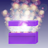 Opened violet gift box with and beam lights.