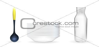 Set of Realistic 3D model of a deep white dish, ladle, glass jar. Vector Illustration
