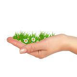 Grass and flowers in hand. Spring is cooming background. Vector 