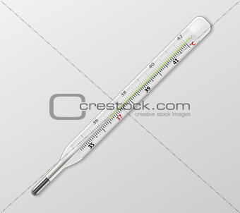 Medical mercury thermometer on white background. Realistic temperature diagnostic measurement instrument isolated. vector illustration