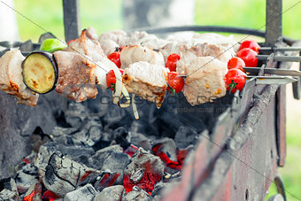appetizing tasty shish kebab on skewers on grill over coals