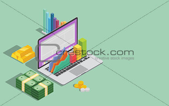 online business technology with laptop graph and money with space for text