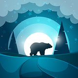 Bear illustration. Cartoon night landscape.