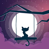 Cat illustration. Cartoon night landscape.