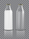 Glass traditional bottles mockup empty and with milk. Dairy product packaging isolated on transparent background. Healthy beverage glass bottle with milk drink. vector illustration