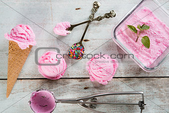 Top view strawberry ice cream waffle cone 