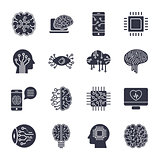 Simple set of artificial intelligence related line icons contains such icons as droid, eye, chip, brain