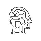 Techno human head vector logo concept illustration. Creative idea sign. Learning icon. People computer chip. Innovation technology symbol. Digital modern communication. Manager. Editable Stroke.