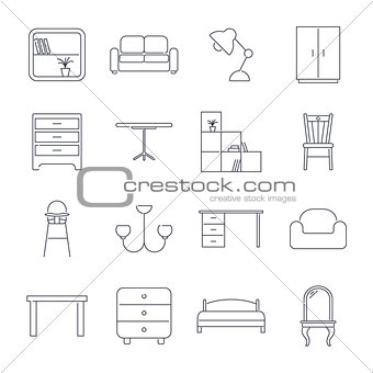 Collection of home furniture icons in thin line style. Editable Stroke.