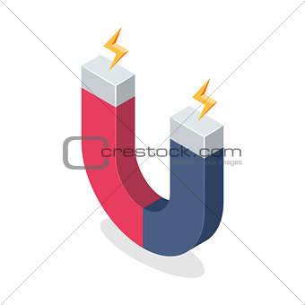 Magnet with Magnetic Power Isolated on White Background. Isometric Vector Illustration